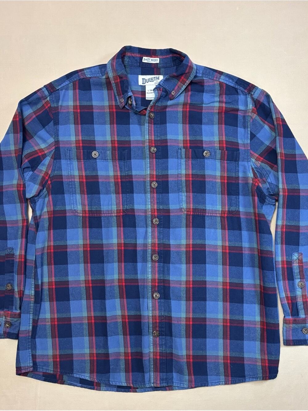 Duluth Trading Co Blue and Red Plaid UnTucked Button-Down Shirt Size Large Tall